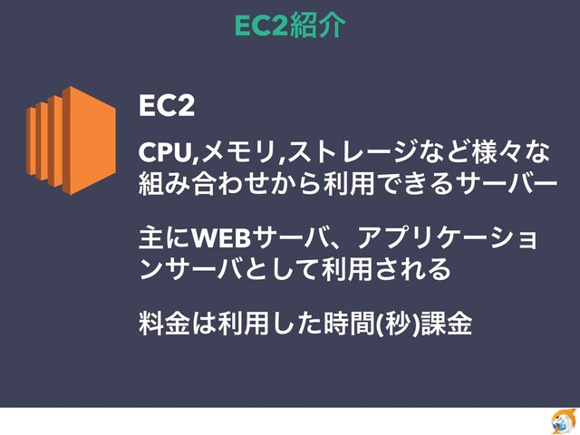 EC2঺հ
EC2


CPU,ϝϞϦ,ετϨʔδͳͲ༷ʑͳ
૊Έ߹Θ͔ͤΒར༻Ͱ͖Δαʔόʔ


ओʹWEBαʔόɺΞϓϦέʔγϣ
ϯαʔόͱͯ͠ར༻͞ΕΔ


ྉۚ͸ར༻ͨ࣌ؒ͠(ඵ)՝ۚ


