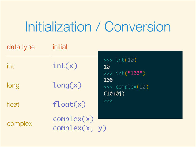 Initialization / Conversion
data type initial
int int(x)
long long(x)
ﬂoat float(x)
complex
complex(x)
complex(x, y)
>>>
>>> int(10)
>>> int(10)
10
>>>
>>> int(10)
10
>>> int(“100”)
>>> int(10)
10
>>> int(“100”)
100
>>>
>>> int(10)
10
>>> int(“100”)
100
>>> complex(10)
>>> int(10)
10
>>> int(“100”)
100
>>> complex(10)
(10+0j)
>>>
