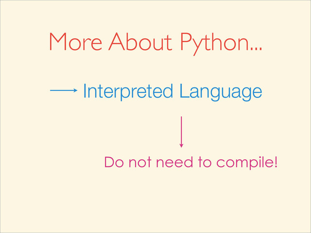 More About Python...
Interpreted Language
Do not need to compile!

