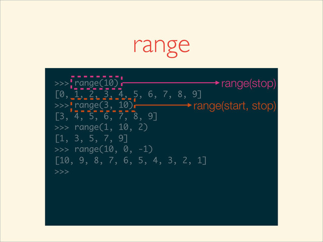range
>>>
>>> range(10)
>>> range(10)
[0, 1, 2, 3, 4, 5, 6, 7, 8, 9]
>>>
>>> range(10)
[0, 1, 2, 3, 4, 5, 6, 7, 8, 9]
>>> range(3, 10)
>>> range(10)
[0, 1, 2, 3, 4, 5, 6, 7, 8, 9]
>>> range(3, 10)
[3, 4, 5, 6, 7, 8, 9]
>>>
>>> range(10)
[0, 1, 2, 3, 4, 5, 6, 7, 8, 9]
>>> range(3, 10)
[3, 4, 5, 6, 7, 8, 9]
>>> range(1, 10, 2)
>>> range(10)
[0, 1, 2, 3, 4, 5, 6, 7, 8, 9]
>>> range(3, 10)
[3, 4, 5, 6, 7, 8, 9]
>>> range(1, 10, 2)
[1, 3, 5, 7, 9]
>>>
>>> range(10)
[0, 1, 2, 3, 4, 5, 6, 7, 8, 9]
>>> range(3, 10)
[3, 4, 5, 6, 7, 8, 9]
>>> range(1, 10, 2)
[1, 3, 5, 7, 9]
>>> range(10, 0, -1)
>>> range(10)
[0, 1, 2, 3, 4, 5, 6, 7, 8, 9]
>>> range(3, 10)
[3, 4, 5, 6, 7, 8, 9]
>>> range(1, 10, 2)
[1, 3, 5, 7, 9]
>>> range(10, 0, -1)
[10, 9, 8, 7, 6, 5, 4, 3, 2, 1]
>>>
>>> range(10)
[0, 1, 2, 3, 4, 5, 6, 7, 8, 9]
>>> range(3, 10)
[3, 4, 5, 6, 7, 8, 9]
>>> range(1, 10, 2)
[1, 3, 5, 7, 9]
>>> range(10, 0, -1)
[10, 9, 8, 7, 6, 5, 4, 3, 2, 1]
>>>
range(stop)
range(start, stop)
