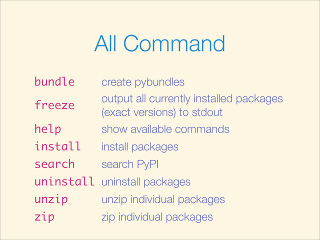 All Command
bundle create pybundles
freeze
output all currently installed packages
(exact versions) to stdout
help show available commands
install install packages
search search PyPI
uninstall uninstall packages
unzip unzip individual packages
zip zip individual packages
