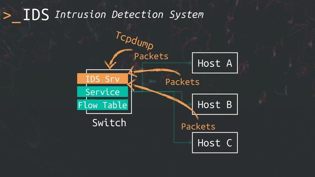>_
Host A
Switch
Service
Flow Table Host B
Host C
IDS Srv
Packets
Packets
Packets
IDS Intrusion Detection System
Tcpdump
