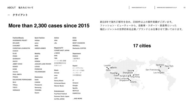 WWW.GENEROSITY.CO.JP WWW.RECRUIT.GENEROSITY.CO.JP 13
More than 2,300 cases since 2015
૑ཱ೥Ͱւ֎౎ࢢΛؚΊɺ݅Ҏ্ͷҊ࣮݅੷͕͍͟͝·͢ɻ
ϑΝογϣϯɾϏϡʔςΟʔ͔Βɺࣗಈंɾεϙʔπɾҿ৯౳ͱ͍ͬͨ
෯޿͍δϟϯϧͷੈքత༗໊اۀʗϒϥϯυͱ͓࢓ࣄͤͯ͞௖͍͓ͯΓ·͢ɻ
ࢲͨͪʹ͍ͭͯ
ABOUT
ʔɹΫϥΠΞϯτ
17 cities
