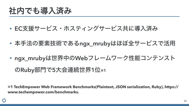 • ECࢧԉαʔϏεɾϗεςΟϯάαʔϏεڞʹಋೖࡁΈ
• ຊख๏ͷཁૉٕज़Ͱ͋Δngx_mruby͸΄΅શαʔϏεͰ׆༻
• ngx_mruby͸ੈքதͷWebϑϨʔϜϫʔΫੑೳίϯςϯετ
ͷRuby෦໳Ͱ5େձ࿈ଓੈք1Ґ※1
22
ࣾ಺Ͱ΋ಋೖࡁΈ
※1 TechEmpower Web Framework Benchmarks(Plaintext, JSON serialization, Ruby), https://
www.techempower.com/benchmarks.
