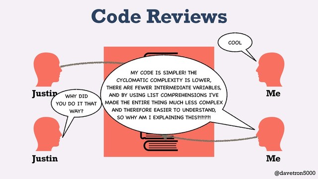 @davetron5000
Code Reviews
Justin
Justin
Me
Me
COOL
WHY DID
YOU DO IT THAT
WAY?
MY CODE IS SIMPLER! THE
CYCLOMATIC COMPLEXITY IS LOWER,
THERE ARE FEWER INTERMEDIATE VARIABLES,
AND BY USING LIST COMPREHENSIONS I'VE
MADE THE ENTIRE THING MUCH LESS COMPLEX
AND THEREFORE EASIER TO UNDERSTAND,
SO WHY AM I EXPLAINING THIS?!?!??!
