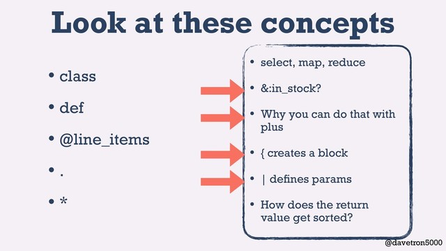 @davetron5000
Look at these concepts
• class
• def
• @line_items
• .
• *
• select, map, reduce
• &:in_stock?
• Why you can do that with
plus
• { creates a block
• | deﬁnes params
• How does the return
value get sorted?
