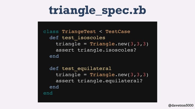 @davetron5000
triangle_spec.rb
class TriangeTest < TestCase
def test_isoscoles
triangle = Triangle.new(3,3,3)
assert triangle.isoscoles?
end
def test_equilateral
triangle = Triangle.new(3,3,3)
assert triangle.equilateral?
end
end
