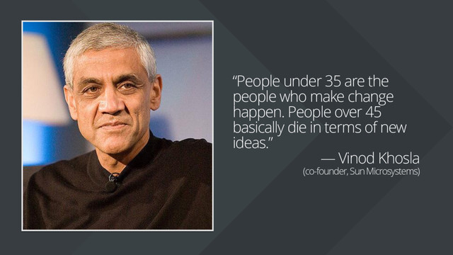 “People under 35 are the
people who make change
happen. People over 45
basically die in terms of new
ideas.”
— Vinod Khosla
(co-founder, Sun Microsystems)
