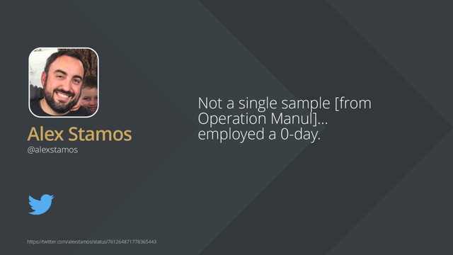 Alex Stamos
Not a single sample [from
Operation Manul]...
employed a 0-day.
@alexstamos
https://twitter.com/alexstamos/status/761264871778365443

