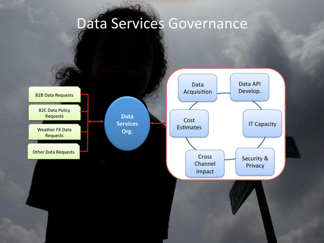 Data	  Services	  Governance	  
B2B	  Data	  Requests	  
B2C	  Data	  Policy	  
Requests	  
Weather	  FX	  Data	  
Requests	  
Other	  Data	  Requests	  
Data	  	  
Services	  
Org.	  
Data	  
Acquisi+on	  
Data	  API	  
Develop.	  
IT	  Capacity	  
Security	  &	  
Privacy	  
Cross	  
Channel	  
Impact	  
Cost	  
Es+mates	  
