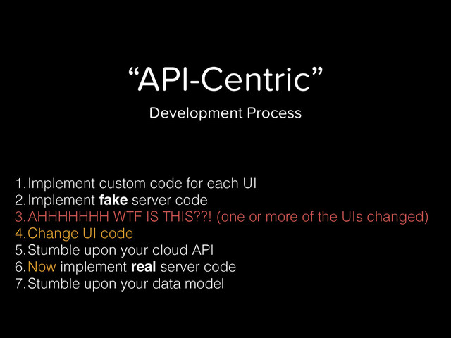 “API-Centric”
Development Process
1.Implement custom code for each UI
2.Implement fake server code
3.AHHHHHHH WTF IS THIS??! (one or more of the UIs changed)
4.Change UI code
5.Stumble upon your cloud API
6.Now implement real server code
7.Stumble upon your data model
