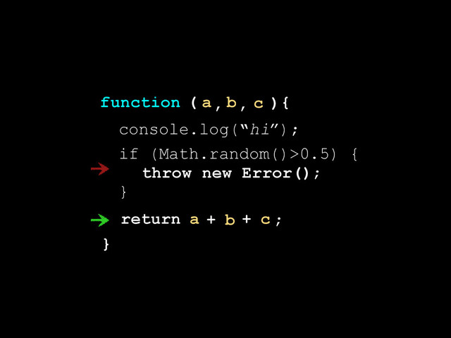 )
}
(
function {
a b c
, ,
console.log(“hi”);
return a b c ;
+ +
if (Math.random()>0.5) {
}
throw new Error();
