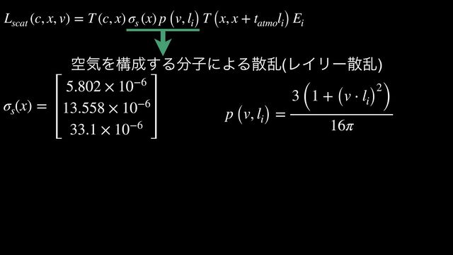 σs
(x) =
5.802 × 10−6
13.558 × 10−6
33.1 × 10−6
p (v, li) =
3 (1 + (v ⋅ li)
2
)
16π
ۭؾΛߏ੒͢Δ෼ࢠʹΑΔࢄཚ(ϨΠϦʔࢄཚ)
Lscat
(c, x, v) = T (c, x) σs
(x) p (v, li) T (x, x + tatmo
li) Ei
