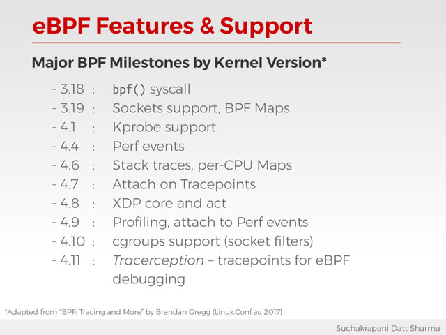 eBPF Features & Support
Suchakrapani Datt Sharma
Major BPF Milestones by Kernel Version*
- 3.18 : bpf() syscall
- 3.19 : Sockets support, BPF Maps
- 4.1 : Kprobe support
- 4.4 : Perf events
- 4.6 : Stack traces, per-CPU Maps
- 4.7 : Attach on Tracepoints
- 4.8 : XDP core and act
- 4.9 : Profiling, attach to Perf events
- 4.10 : cgroups support (socket filters)
- 4.11 : Tracerception – tracepoints for eBPF
debugging
*Adapted from “BPF: Tracing and More” by Brendan Gregg (Linux.Conf.au 2017)
