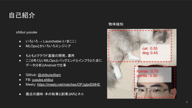 自己紹介
shibui yusuke
● いろいろ → Launchable（いまここ）
● MLOpsとかいろいろエンジニア
● もともとクラウド基盤の開発、運用
● ここ6年くらいMLOpsとバックエンドとインフラとたまに
データ分析とAndroidで仕事
● Github: @shibuiwilliam
● FB: yusuke.shibui
● Meety: https://meety.net/matches/OPJgijxiEMHE
● 最近の趣味：本の執筆と副業と
ARとネコ
cat : 0.55
dog: 0.45
human : 0.70
gorilla : 0.30
物体検知
2
