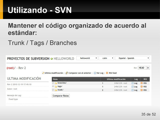 Utilizando - SVN
Mantener el código organizado de acuerdo al
estándar:
Trunk / Tags / Branches
35 de 52

