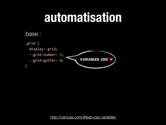 .grid {
display: grid;
--grid-number: 1;
--grid-gutter: 0;
}
automatisation
base :
http://caniuse.com/#feat=css-variables
«variables CSS ❤
