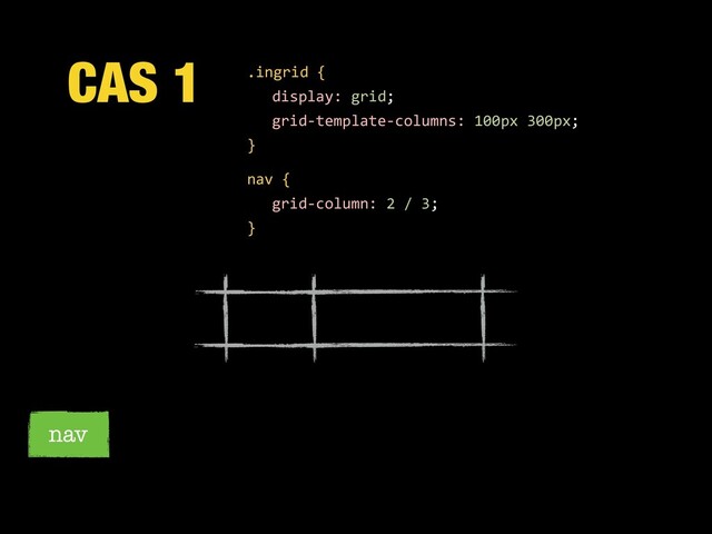 CAS 1
nav
.ingrid {
display: grid;
grid-template-columns: 100px 300px;
}
nav {
grid-column: 2 / 3;
}
