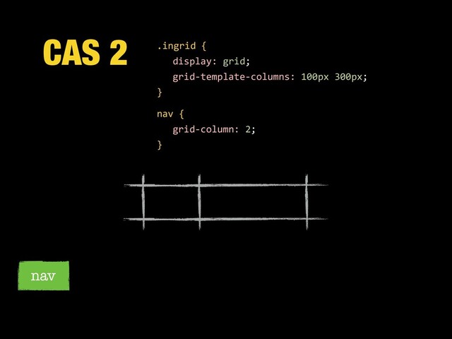 CAS 2
nav
.ingrid {
display: grid;
grid-template-columns: 100px 300px;
}
nav {
grid-column: 2;
}
