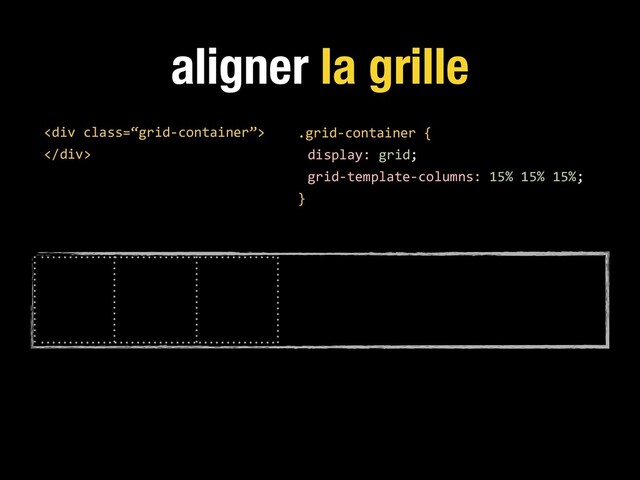 aligner la grille
.grid-container {
display: grid;
grid-template-columns: 15% 15% 15%;
}
<div class="“grid-container”">
</div>

