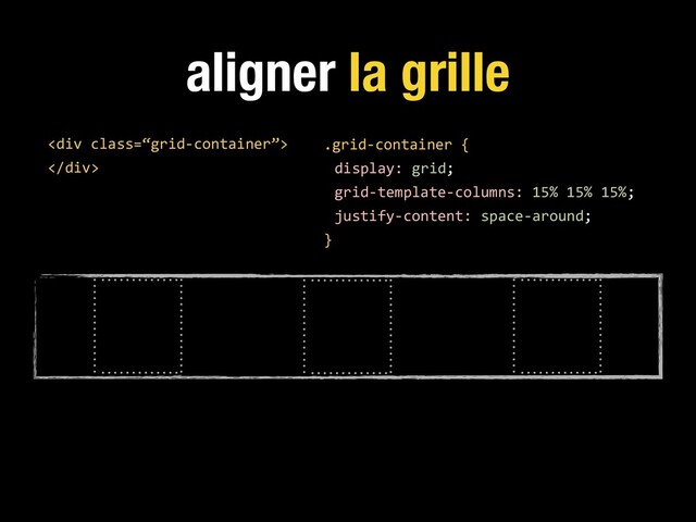 aligner la grille
.grid-container {
display: grid;
grid-template-columns: 15% 15% 15%;
justify-content: space-around;
}
<div class="“grid-container”">
</div>
