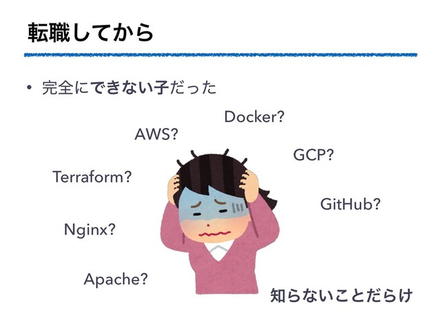 స৬͔ͯ͠Β
• ׬શʹͰ͖ͳ͍ࢠͩͬͨ
AWS?
Terraform?
Docker?
Nginx?
GCP?
GitHub?
஌Βͳ͍͜ͱͩΒ͚
Apache?
