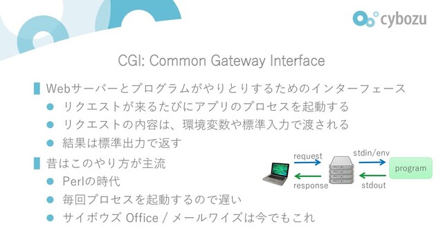 CGI: Common Gateway Interface
▌Webサーバーとプログラムがやりとりするためのインターフェース
l リクエストが来るたびにアプリのプロセスを起動する
l リクエストの内容は、環境変数や標準⼊⼒で渡される
l 結果は標準出⼒で返す
▌昔はこのやり⽅が主流
l Perlの時代
l 毎回プロセスを起動するので遅い
l サイボウズ Office / メールワイズは今でもこれ
request
response
program
stdin/env
stdout
