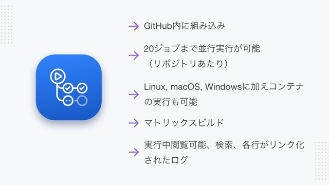 GitHub಺ʹ૊ΈࠐΈ


20δϣϒ·Ͱฒߦ࣮ߦ͕Մೳ 
ʢϦϙδτϦ͋ͨΓʣ

Linux, macOS, WindowsʹՃ͑ίϯςφ
ͷ࣮ߦ΋Մೳ


ϚτϦοΫεϏϧυ


࣮ߦதӾཡՄೳɺݕࡧɺ֤ߦ͕ϦϯΫԽ 
͞Εͨϩά
