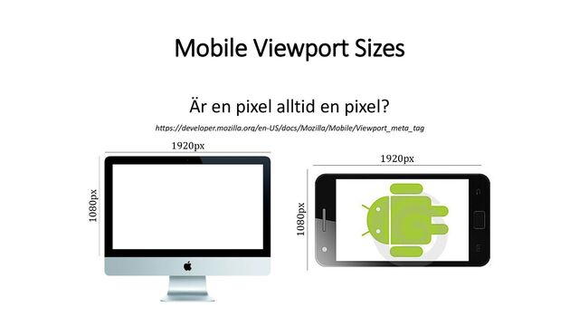 Mobile Viewport Sizes
Är en pixel alltid en pixel?
https://developer.mozilla.org/en-US/docs/Mozilla/Mobile/Viewport_meta_tag
