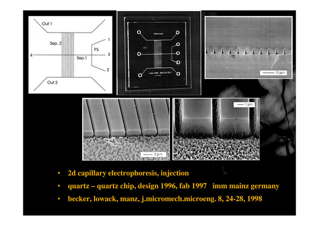 • 2d capillary electrophoresis, injection
• quartz – quartz chip, design 1996, fab 1997 imm mainz germany
q q p g g y
• becker, lowack, manz, j.micromech.microeng. 8, 24-28, 1998
