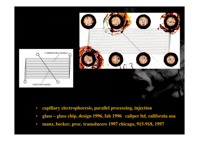 • capillary electrophoresis, parallel processing, injection
• glass – glass chip, design 1996, fab 1996 caliper ltd. california usa
g g p g p
• manz, becker, proc. transducers 1997 chicago, 915-918, 1997
