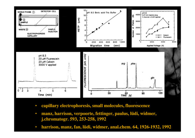 • capillary electrophoresis, small molecules, fluorescence
• manz, harrison, verpoorte, fettinger, paulus, lüdi, widmer,
p g p
j.chromatogr. 593, 253-258, 1992
• harrison, manz, fan, lüdi, widmer, anal.chem. 64, 1926-1932, 1992
