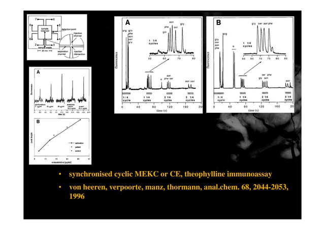 • synchronised cyclic MEKC or CE, theophylline immunoassay
• von heeren, verpoorte, manz, thormann, anal.chem. 68, 2044-2053,
1996
