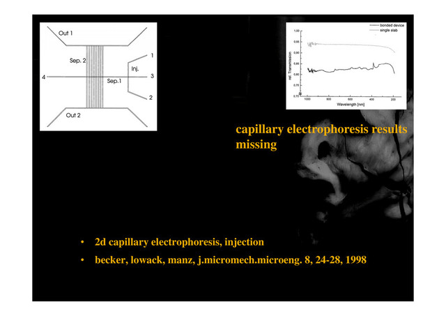 capillary electrophoresis results
missing
• 2d capillary electrophoresis, injection
• becker, lowack, manz, j.micromech.microeng. 8, 24-28, 1998
j g
