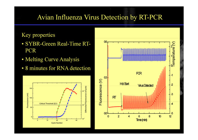Avian Influenza Virus Detection by RT-PCR
Key properties
• SYBR-Green Real-Time RT-
PCR
0
.6
2
ature (V)
• Melting Curve Analysis
• 8 minutes for RNA detection 0
1
Tempera
8 utes o N detect o
0
.3
-2
-1
e (V)
V
irusD
etected
H
ot S
tart
P
C
R
100
150
10-2
cence (mV)
uorescence (V/cycle)
-3
uorescence
V
irus D
etected
R
T
0
50
10-3
Fluoresc
Differential Flu
Critical Threshold 22.3
0 2 4 6 8 1
0 12
0
.0 -5
-4
Flu
0 10 20 30 40
10-4
Cycle Number
T
im
e (m
in)
