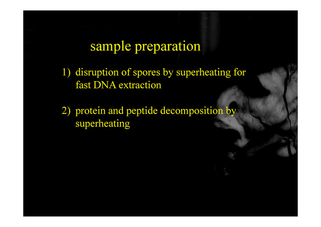 sample preparation
1) disruption of spores by superheating for
fast DNA extraction
fast DNA extraction
2) protein and peptide decomposition by
2) protein and peptide decomposition by
superheating
63
