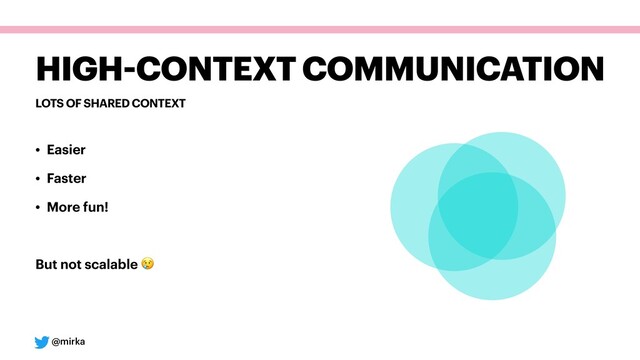 @mirka
LOTS OF SHARED CONTEXT
HIGH-CONTEXT COMMUNICATION
• Easier
• Faster
• More fun!
But not scalable 
