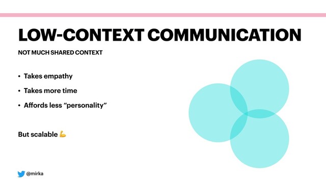 @mirka
NOT MUCH SHARED CONTEXT
LOW-CONTEXT COMMUNICATION
• Takes empathy
• Takes more time
• Aﬀords less “personality”
But scalable 
