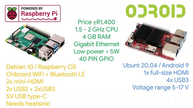 Price ±R1,400
1.5 - 2 GHz CPU
4 GB RAM
Gigabit Ethernet
Low power < 5W
40 PIN GPIO
Debian 10 / Raspberry OS
Onboard WiFi + Bluetooth LE
2x mini-HDMI
2x USB2 + 2xUSB3
5V USB type-C
Needs heatsink!
Ubunt 20.04 / Android 9
1x full-size HDMI
4x USB3
Voltage range 5-17 V
