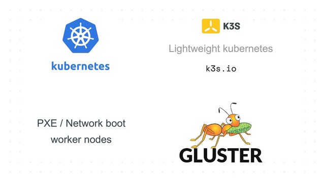 k3s.io
Lightweight kubernetes
PXE / Network boot
worker nodes
