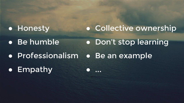 ● Honesty
● Be humble
● Professionalism
● Empathy
● Collective ownership
● Don’t stop learning
● Be an example
● ...
