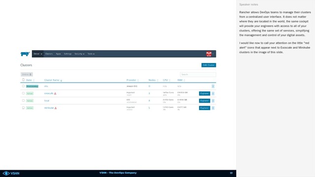 VSHN – The DevOps Company
Rancher allows DevOps teams to manage their clusters
from a centralized user interface. It does not matter
where they are located in the world, the same cockpit
will provide your engineers with access to all of your
clusters, offering the same set of services, simplifying
the management and control of your digital assets.
I would like now to call your attention on the little "red
alert" icons that appear next to Exoscale and Minikube
clusters in the image of this slide.
Speaker notes
17
