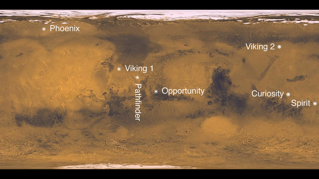 ๏ Viking 1
Viking 2
Spirit
๏
๏
๏ Opportunity
๏ Pathﬁnder
๏ Phoenix
๏
Curiosity

