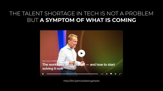 THE TALENT SHORTAGE IN TECH IS NOT A PROBLEM


BUT A SYMPTOM OF WHAT IS COMING
http://bit.ly/emosidoengañado
