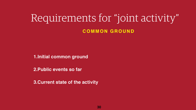 30
1.Initial common ground
2.Public events so far
3.Current state of the activity
Requirements for “joint activity”
C O M M O N G R O U N D
