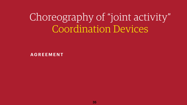 35
Choreography of “joint activity”
Coordination Devices
AGR EEMEN T
