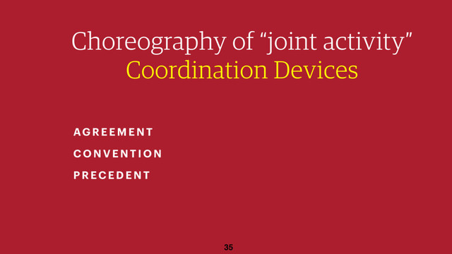 35
Choreography of “joint activity”
Coordination Devices
AGR EEMEN T
CO NV EN TION
PRECEDEN T

