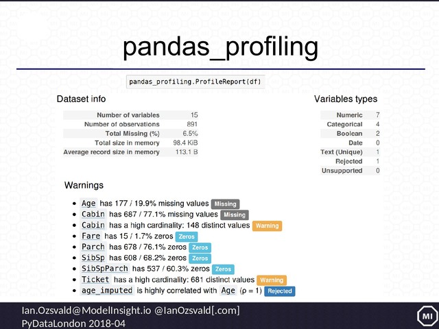 Ian.Ozsvald@ModelInsight.io @IanOzsvald[.com]
PyDataLondon 2018-04
pandas_profiling

