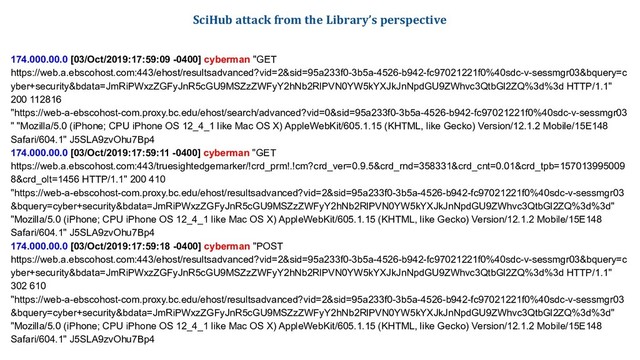SciHub attack from the Library’s perspective
174.000.00.0 [03/Oct/2019:17:59:09 -0400] cyberman "GET
https://web.a.ebscohost.com:443/ehost/resultsadvanced?vid=2&sid=95a233f0-3b5a-4526-b942-fc97021221f0%40sdc-v-sessmgr03&bquery=c
yber+security&bdata=JmRiPWxzZGFyJnR5cGU9MSZzZWFyY2hNb2RlPVN0YW5kYXJkJnNpdGU9ZWhvc3QtbGl2ZQ%3d%3d HTTP/1.1"
200 112816
"https://web-a-ebscohost-com.proxy.bc.edu/ehost/search/advanced?vid=0&sid=95a233f0-3b5a-4526-b942-fc97021221f0%40sdc-v-sessmgr03
" "Mozilla/5.0 (iPhone; CPU iPhone OS 12_4_1 like Mac OS X) AppleWebKit/605.1.15 (KHTML, like Gecko) Version/12.1.2 Mobile/15E148
Safari/604.1" J5SLA9zvOhu7Bp4
174.000.00.0 [03/Oct/2019:17:59:11 -0400] cyberman "GET
https://web.a.ebscohost.com:443/truesightedgemarker/!crd_prm!.!cm?crd_ver=0.9.5&crd_rnd=358331&crd_cnt=0.01&crd_tpb=157013995009
8&crd_olt=1456 HTTP/1.1" 200 410
"https://web-a-ebscohost-com.proxy.bc.edu/ehost/resultsadvanced?vid=2&sid=95a233f0-3b5a-4526-b942-fc97021221f0%40sdc-v-sessmgr03
&bquery=cyber+security&bdata=JmRiPWxzZGFyJnR5cGU9MSZzZWFyY2hNb2RlPVN0YW5kYXJkJnNpdGU9ZWhvc3QtbGl2ZQ%3d%3d"
"Mozilla/5.0 (iPhone; CPU iPhone OS 12_4_1 like Mac OS X) AppleWebKit/605.1.15 (KHTML, like Gecko) Version/12.1.2 Mobile/15E148
Safari/604.1" J5SLA9zvOhu7Bp4
174.000.00.0 [03/Oct/2019:17:59:18 -0400] cyberman "POST
https://web.a.ebscohost.com:443/ehost/resultsadvanced?vid=2&sid=95a233f0-3b5a-4526-b942-fc97021221f0%40sdc-v-sessmgr03&bquery=c
yber+security&bdata=JmRiPWxzZGFyJnR5cGU9MSZzZWFyY2hNb2RlPVN0YW5kYXJkJnNpdGU9ZWhvc3QtbGl2ZQ%3d%3d HTTP/1.1"
302 610
"https://web-a-ebscohost-com.proxy.bc.edu/ehost/resultsadvanced?vid=2&sid=95a233f0-3b5a-4526-b942-fc97021221f0%40sdc-v-sessmgr03
&bquery=cyber+security&bdata=JmRiPWxzZGFyJnR5cGU9MSZzZWFyY2hNb2RlPVN0YW5kYXJkJnNpdGU9ZWhvc3QtbGl2ZQ%3d%3d"
"Mozilla/5.0 (iPhone; CPU iPhone OS 12_4_1 like Mac OS X) AppleWebKit/605.1.15 (KHTML, like Gecko) Version/12.1.2 Mobile/15E148
Safari/604.1" J5SLA9zvOhu7Bp4
