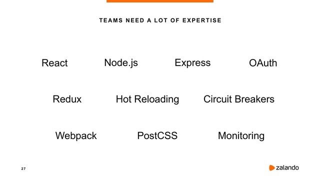 2 7
React
Redux
Node.js
Webpack
Hot Reloading
PostCSS
Express OAuth
Circuit Breakers
Monitoring
TEAMS NEED A LOT OF EXPERTISE
